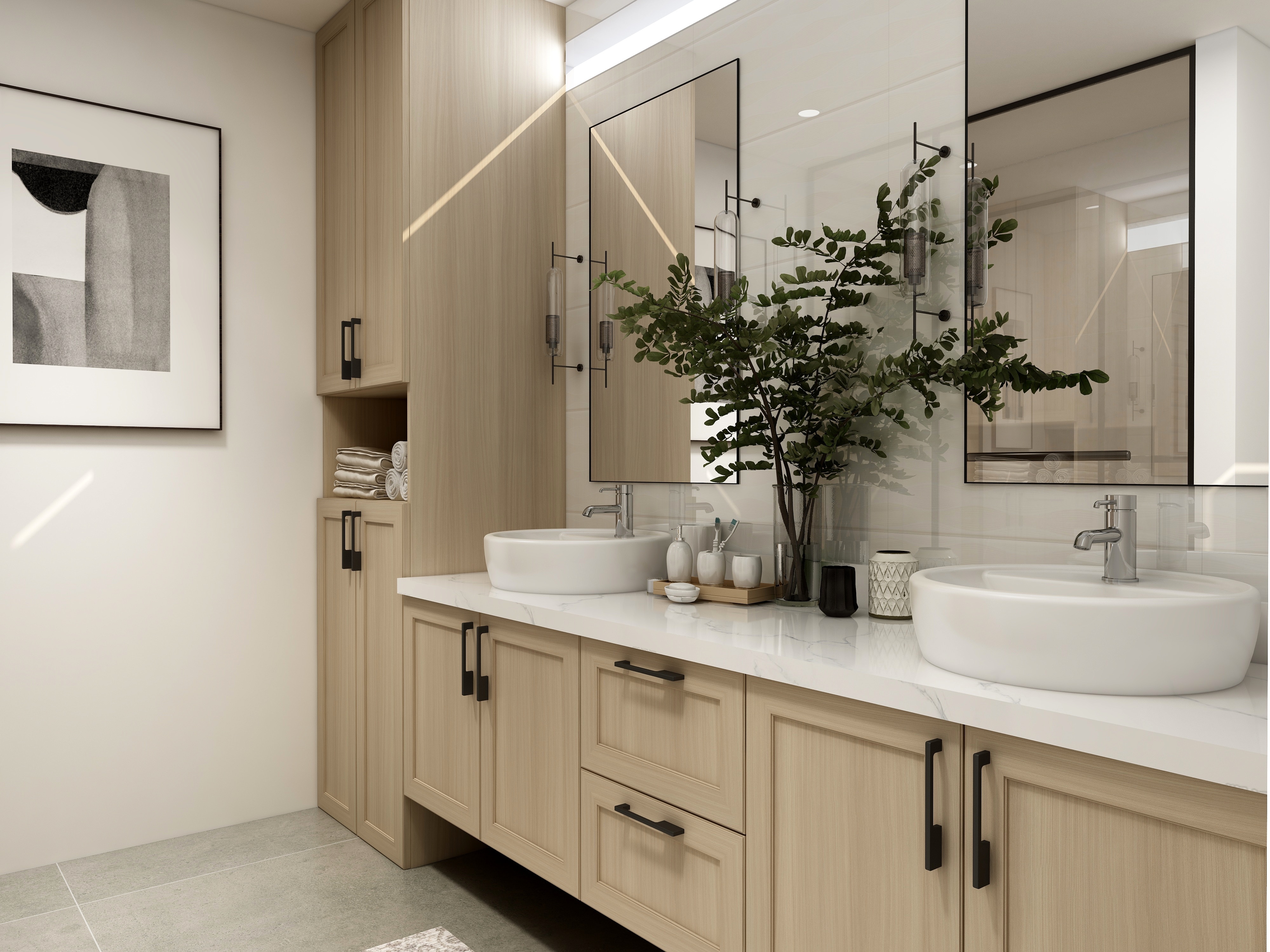 warm natural bathroom. Double sinks above on the counter and white countertops. There's a floor-to-ceiling cabinet and a plant separating the two sinks.