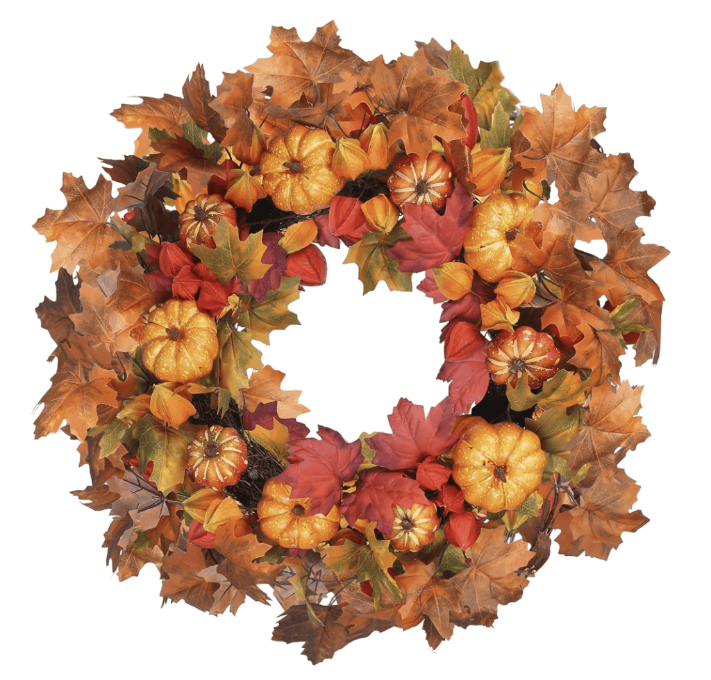 fall wreath with leaves and pumpkins