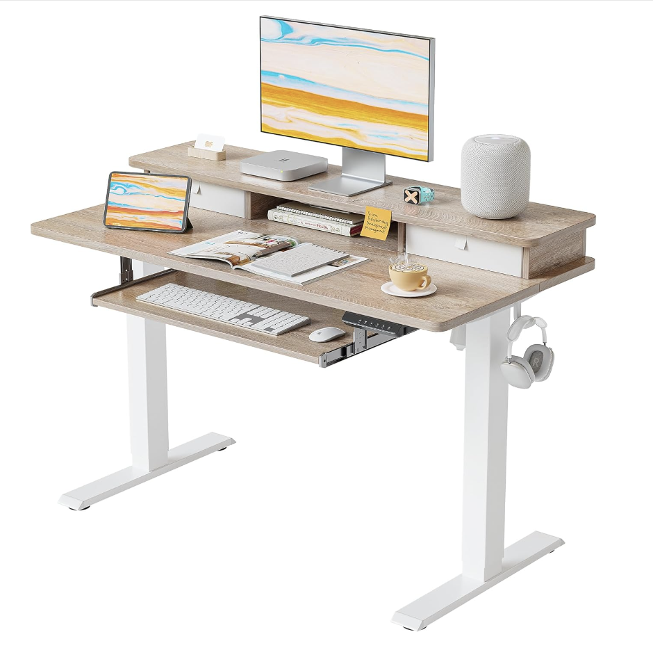two tiered standing desk for staying active while working from home.